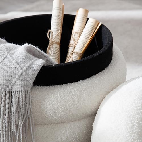 Miniatura 7 de DM Furniture Taburetes otomanos de sherpa de almacenamiento, color blanco, taburetes otomanos pequeños con reposapiés, tapizados, redondos, mesa de