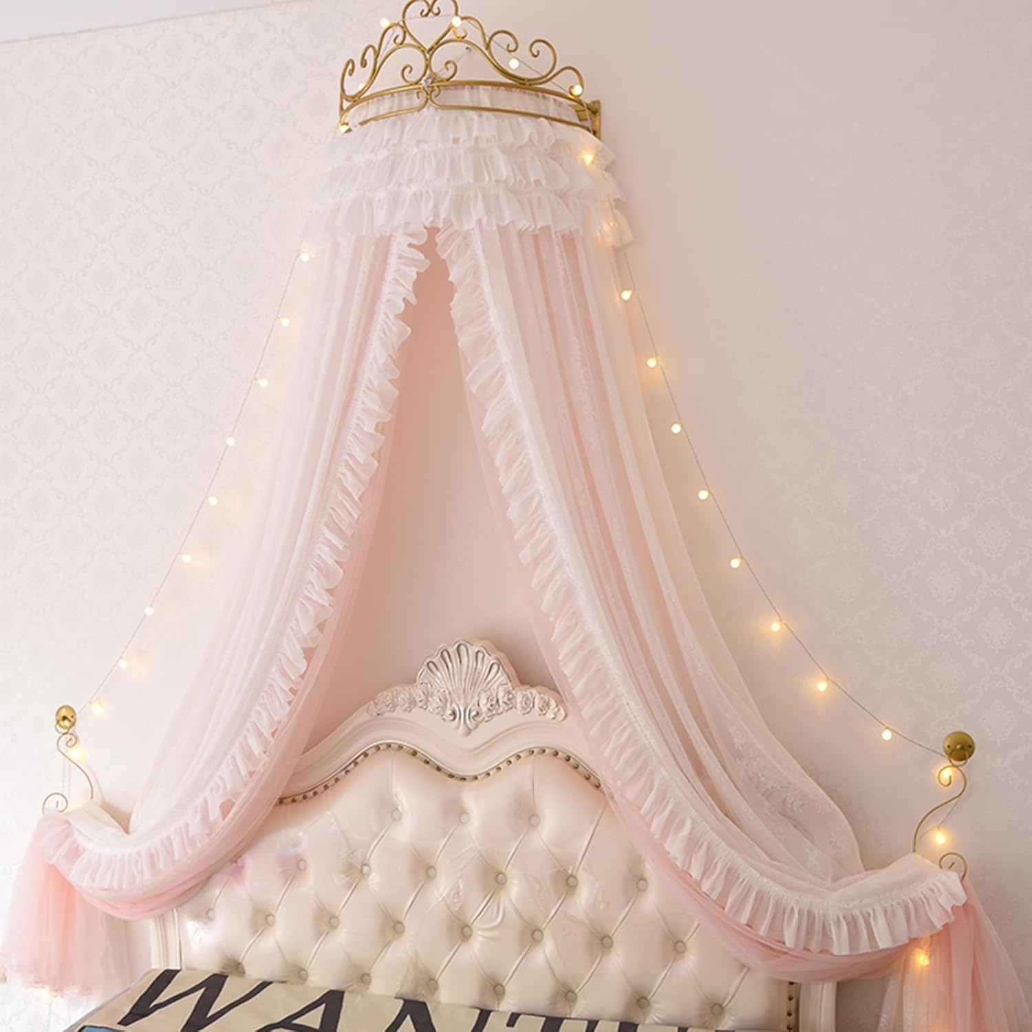 Bed Canopy with Crown Dome with Stars,Decor Bed Canopies & Drapes-Double Layer and Mesh Dreamy Mosquito Net Bedding Reading Nook Canopies(1 Red1 1.5M Bed)