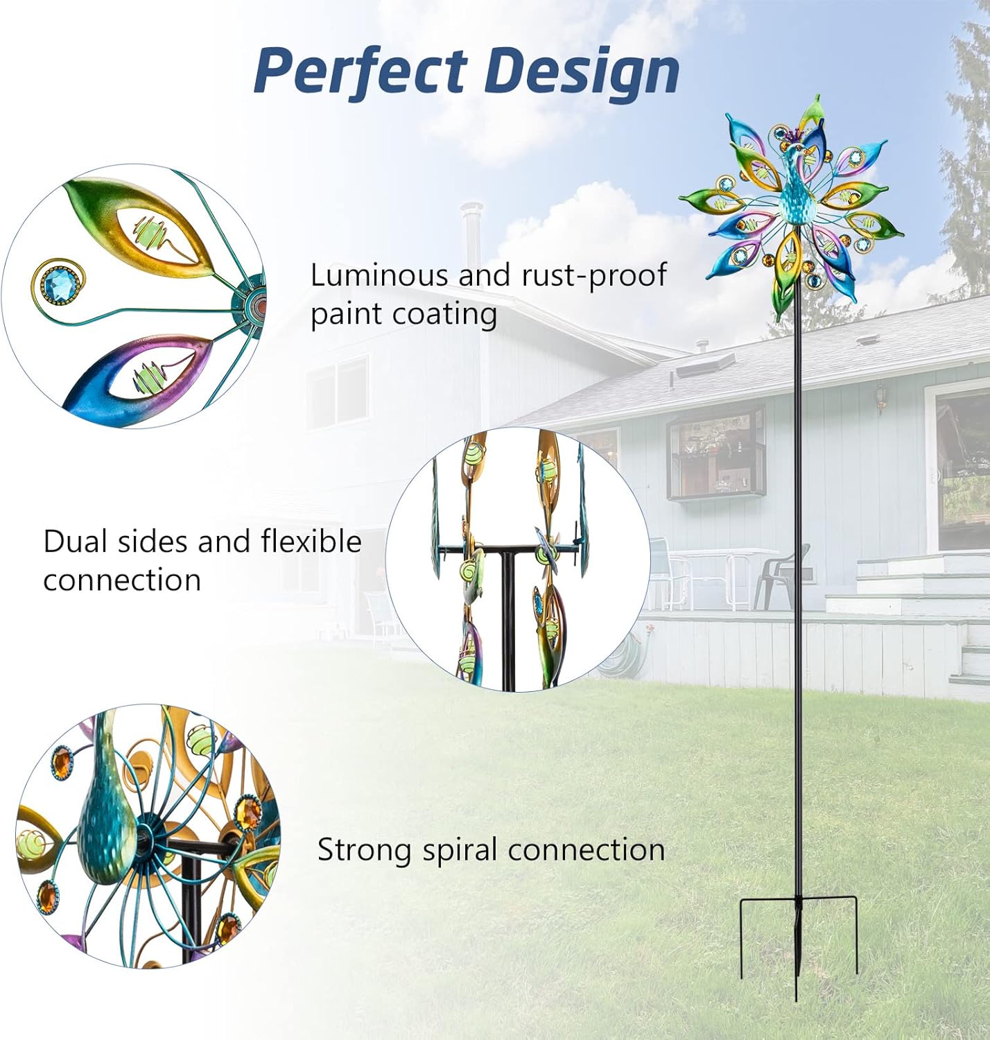 DREAMYSOUL Outdoor Peacock Wind Spinners with Gem Decor, 13" D*65" H Double Sided Kinetic Wind Sculptures & Spinners, Metal Peacock Decor for Garden Yard Lawn