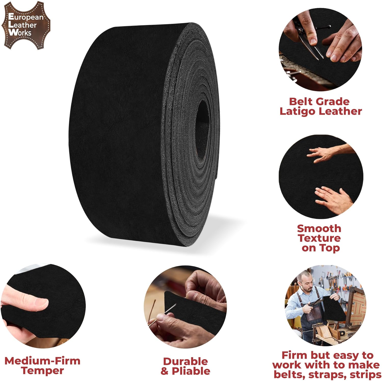 ELW 5-6 oz (2-2.4mm) Latigo Leather Belt Grade Straps | Size: 1.5"x84" (3.8x213cm) | Black | Full Grain Cowhide, Heavy Duty Holsters, Sheathes, Harness, Saddle, Guitar Straps, Crafts