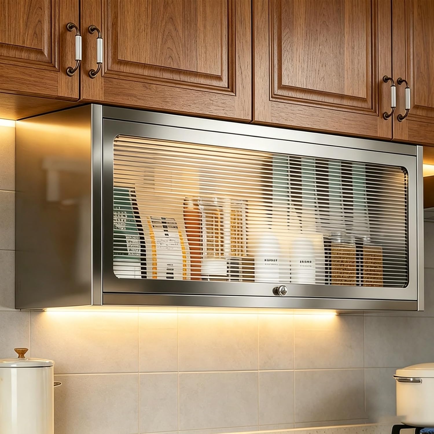 304 Stainless Steel Heavy Duty Corner Cabinet 8.6in Deep Upward Opening Design Ribbed Glass Door Silent Hydraulic Hinges Wall Storage for Kitchen Balcony(60cm(24in))