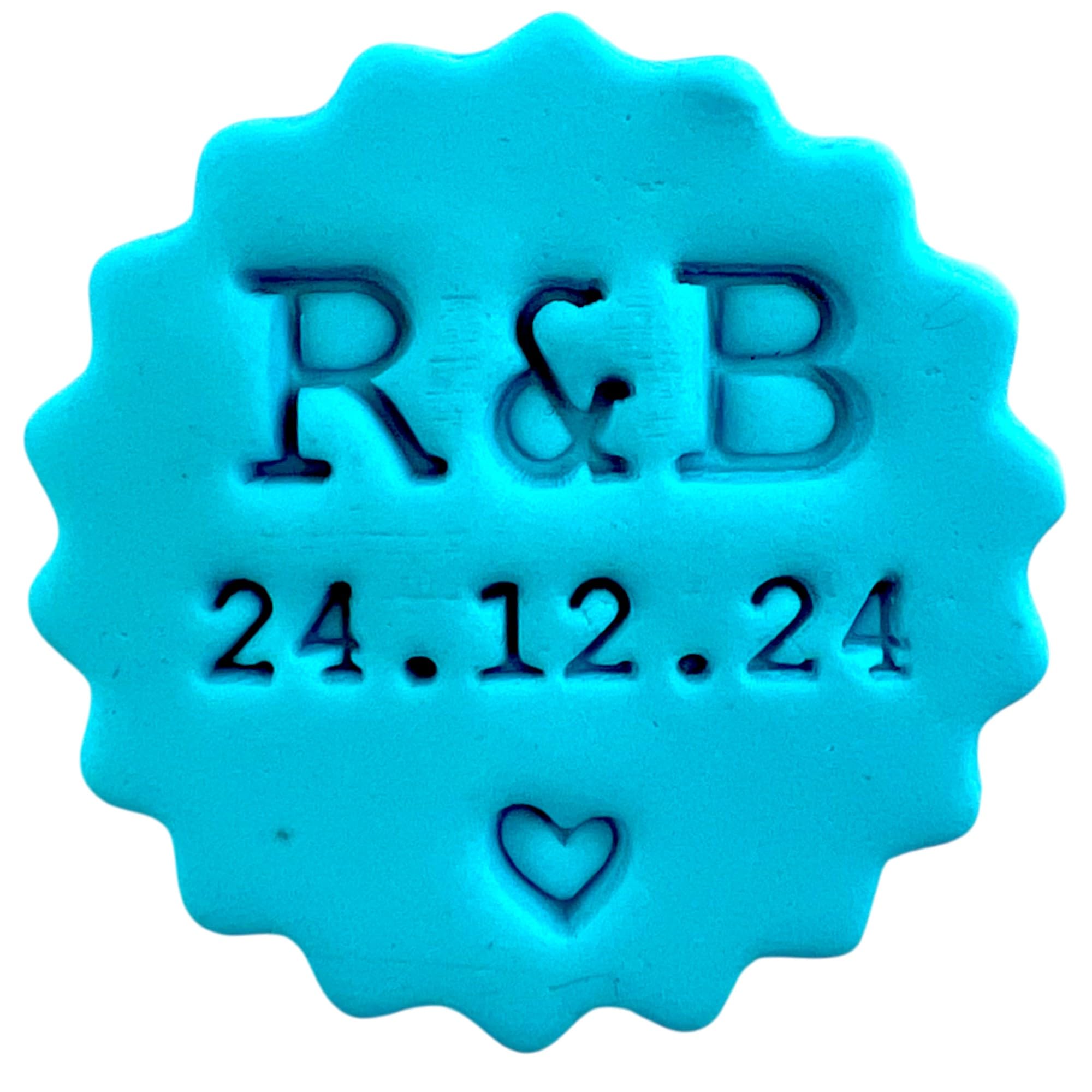 Personalised Cookie Stamp with Free Scallop Cutter, Wedding Couple Initials with Date, 5cm Acrylic Biscuit Embosser, Food-Safe Plastic Baking Tool, Fits M&S All Butter Biscuits (Design 4)