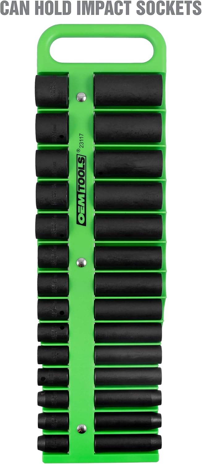 OEMTOOLS 23117 3/8" Drive Portable Magnetic Socket Organizer Tray, Magnetic Socket Holders Organizers For Tool Box, Shop, Or Garage, Holds Up To 28 Tools, Metric/SAE, Green