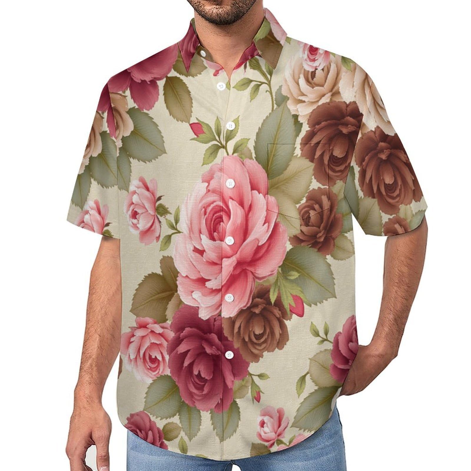 Camicia da Uomo a Maniche Corte Funky, Rose Fiori di Eleganza, Aloha Camicias Estiva per la Spiaggia, vestibilità Normale con Bottoni, per Libero Vacanze