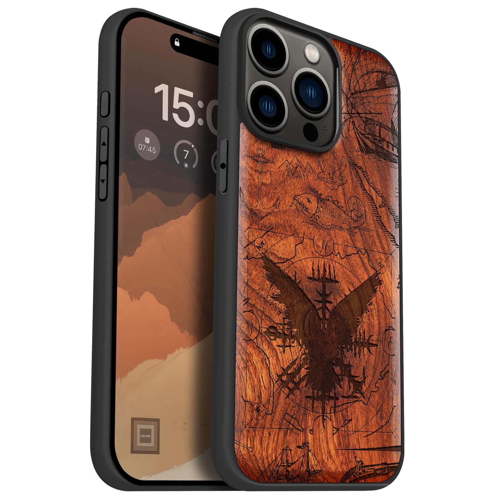 Carveit Magnetic Wooden Case for iPhone 15 Pro Max Case, Compatible with MagSafe Wireless Chargers, Black Soft TPU Shockproof Cover & Wood Artisan