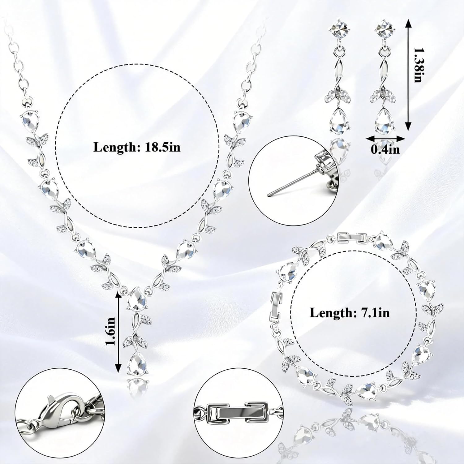 Bridal Cubic Zirconia Jewelry Set for Women – Silver Plated Necklace, Earrings & Bracelet Wedding Jewelry Set, Allergy Free Sparkling CZ Set for Brides, Bridesmaids Party Occasions