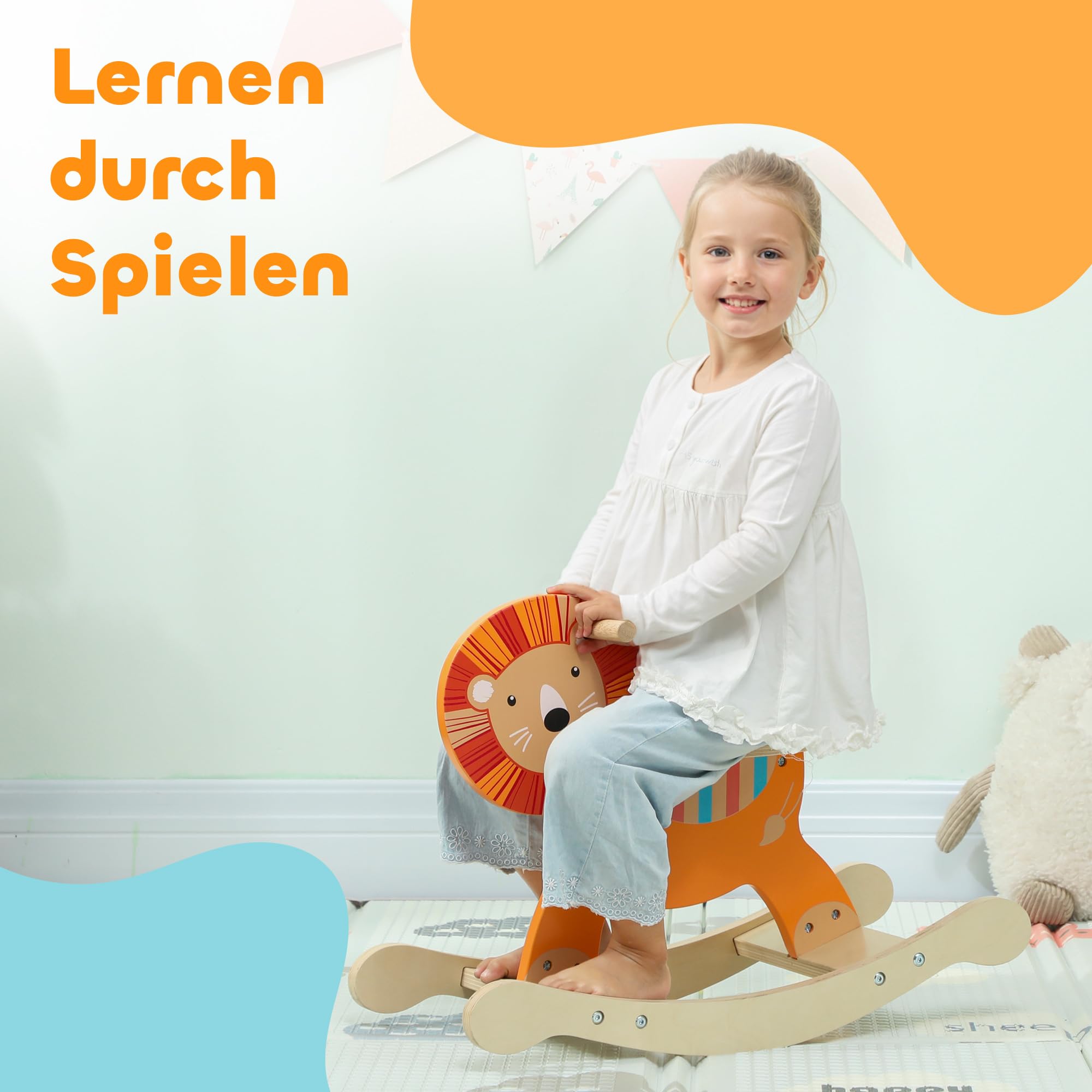 AIYAPLAY Schaukelpferd Holz, Kinder Schaukeltier mit Haltegriffen Schaukeltier Löwen für Kinder von 2-5 Jahren Orange