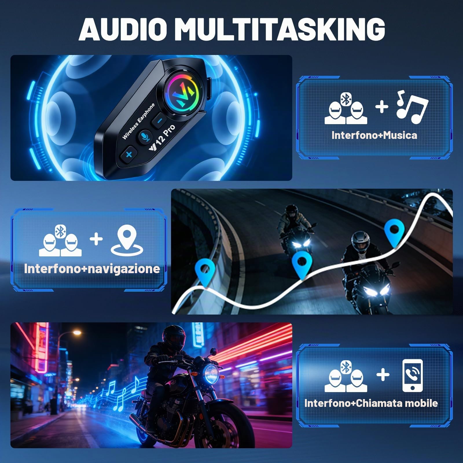 Intercom Moto Duo per 2 caschi, Bluetooth 5.4 con condivisione musicale, sistema di comunicazione da 500 m per 2 motociclisti, IP56 impermeabile - compatibile con tutti i caschi (confezione da