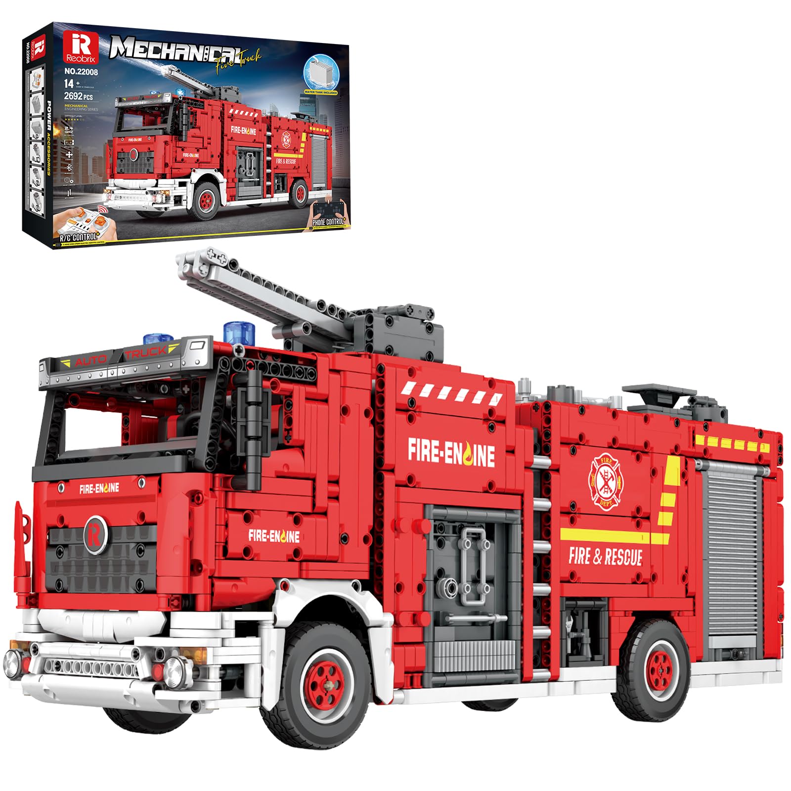 Reobrix RC Fire Engine Truck Building Block Toy, APP/Remote Control Water Spraying Engineering Fire Rescue Vehicle with Motorset, 22008 Technical Brick Car Gift for Adult Child 14+ (2888Pcs)