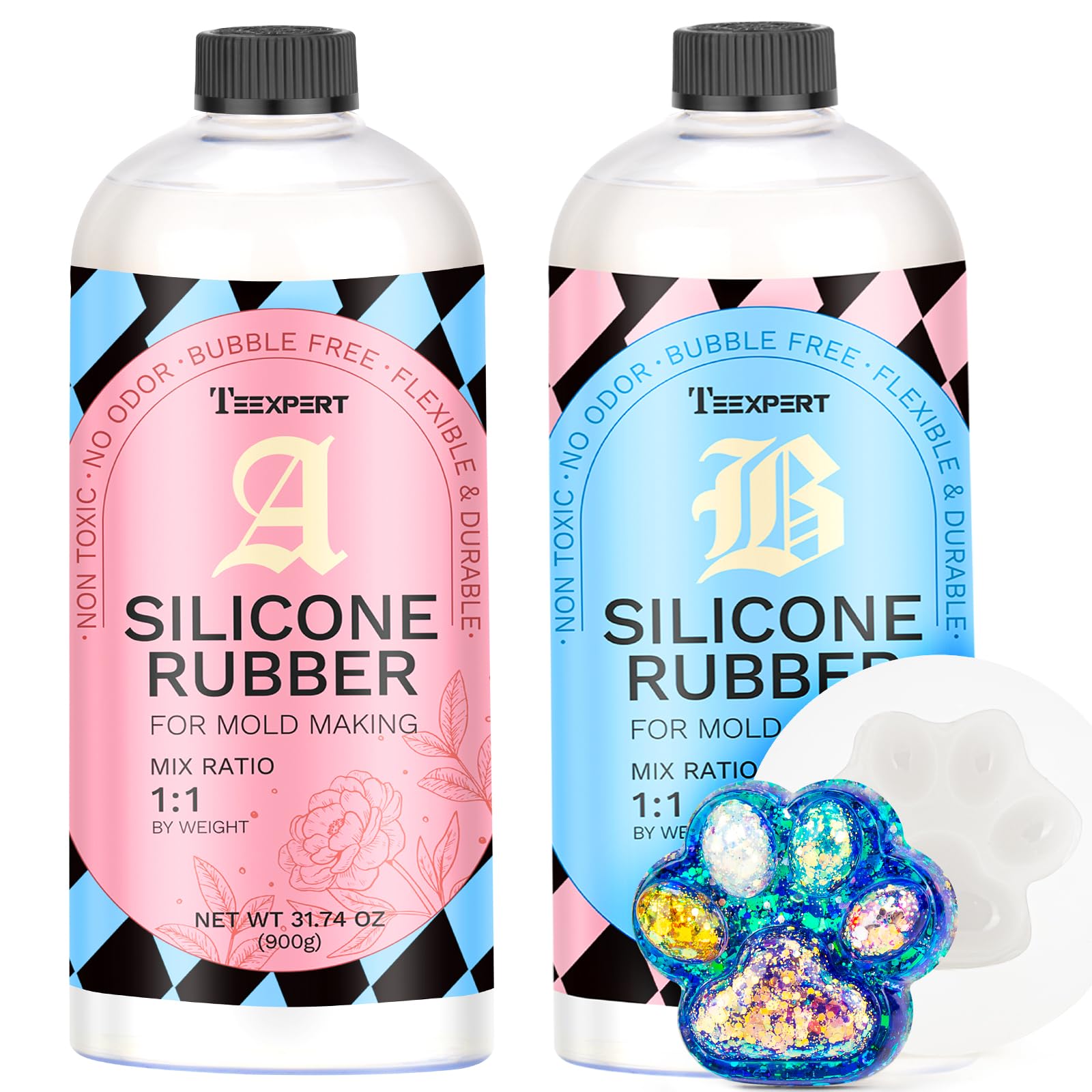 Teexpert Silicone Mold Making Kit, Super Elastic, 63OZ/1.8L Fast Cure Translucent Soft Liquid Silicone Rubber, Ideal for Casting Resin, Candle, Soap Molds