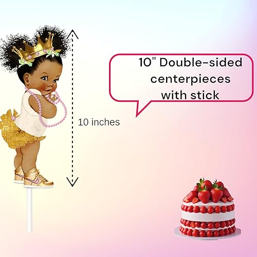 Miniatura 2 de Centros de mesa Little Gold Princess – Juego de 3 decoraciones de mesa de princesa afroamericana para baby shower o cumpleaños – Decoración de