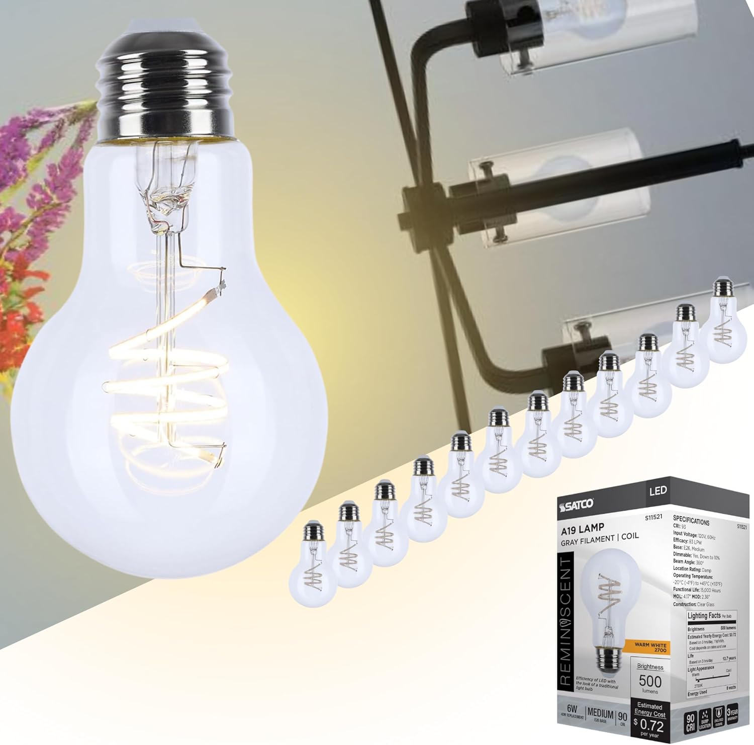 Satco S11521 LED Bulb, 6W (40W Eq), A19 Vintage Style, Flex Gray Coil Filament, 2700K Warm White, E26 Medium Base, Dimmable, Clear Glass, 500 Lumens, 120V, Enclosed Rated (12 Pack)