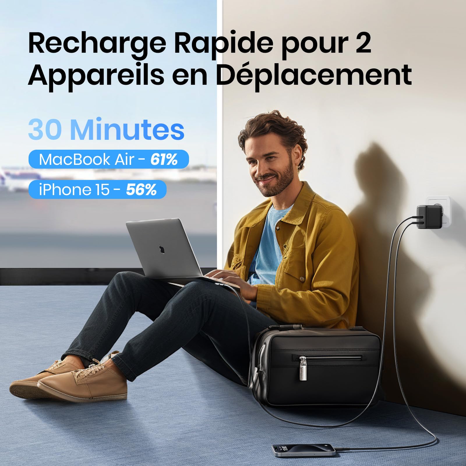 INIU 65W Chargeur USB C, Prise USB Multiple 2 Ports Chargeur Secteur, GaN Ⅱ USB Adaptateur de Charge Rapide pour MacBook iPad Pro/Air, iPhone 16 15 14 13 Pro Max, Galaxy, Google, Xiaomi, Huawei ect.