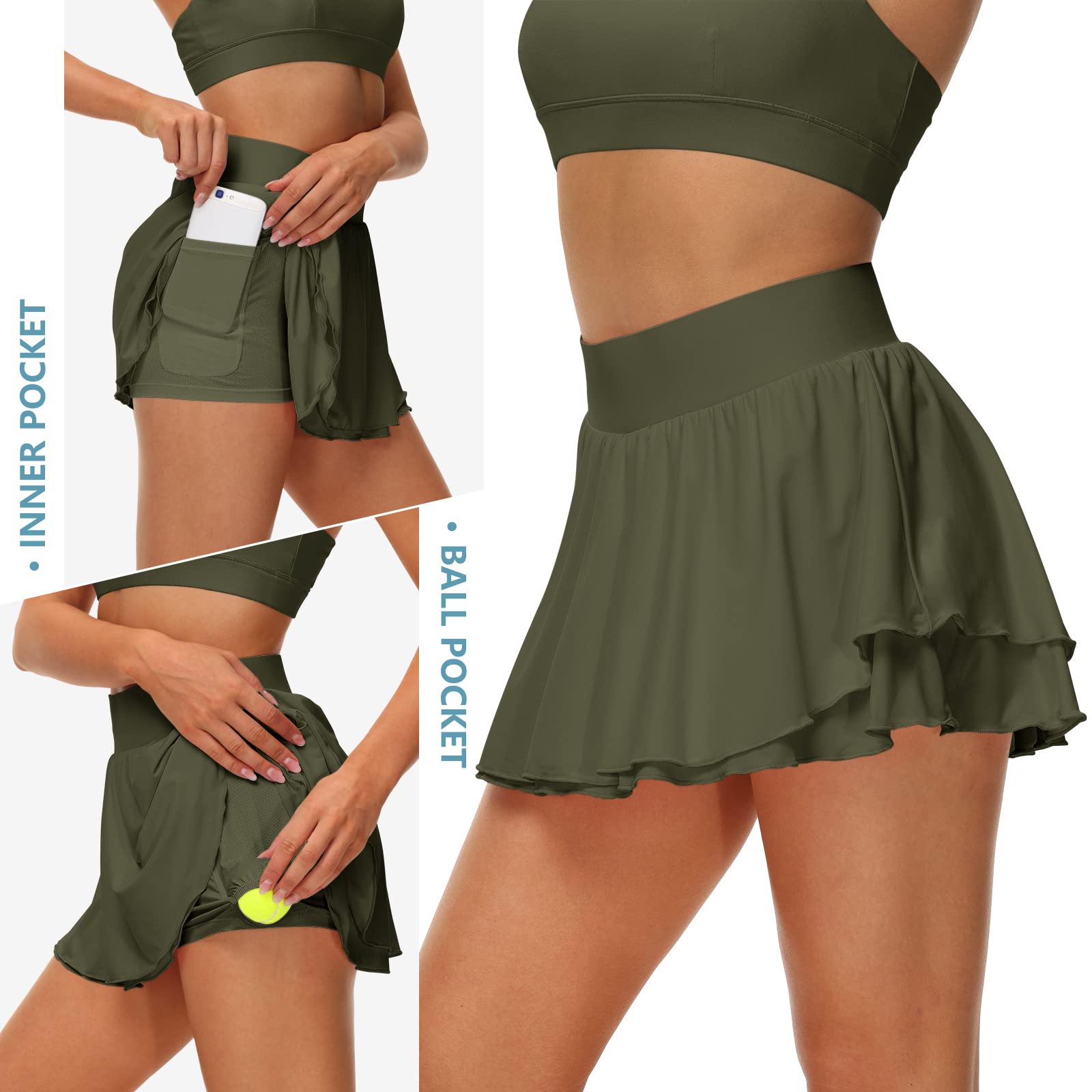 UrKeuf Jupes de tennis athlétiques pour femmes avec poches de 33 cm à volants pour golf, course à pied, entraînement, jupe-short fluide en soie glacée avec short de sport