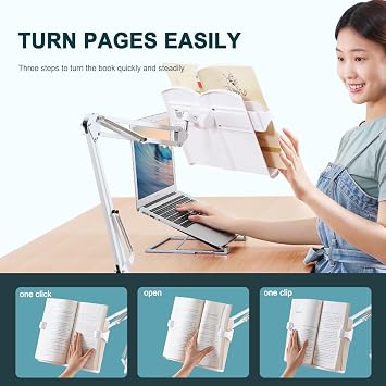 Buhelyc Book Stand for Reading, Desktop Reading Mount Holder with Clamp, Table Side Design, Height Adjustable, 180 Adjustable, Sturdy Page Clips, Metal Material for Workers, College Students