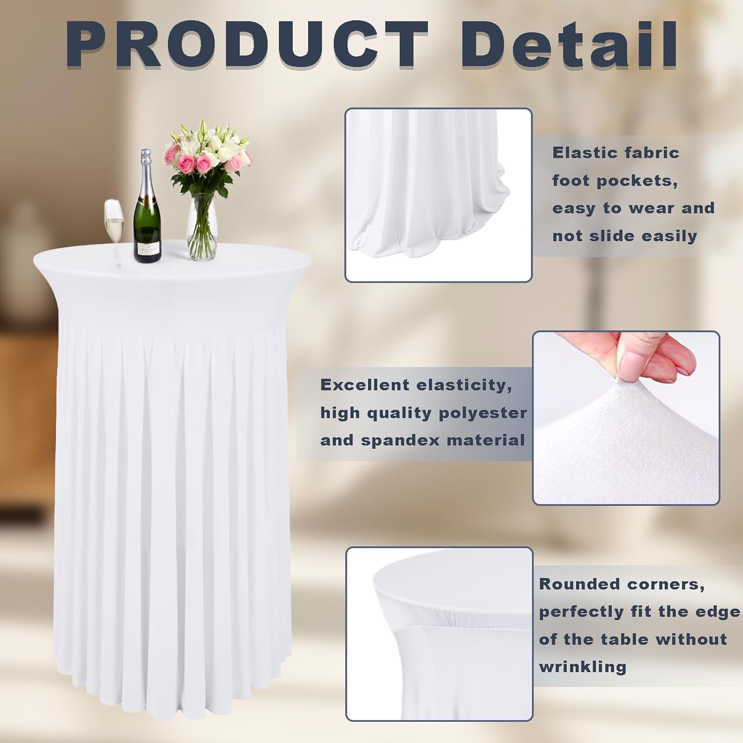 6 Pcs White Spandex Stretch Round Cocktail Table Skirt, 32x43 Inch High Top Table Covers, Fitted Table Cloths for Wedding, Bar, Banquet, Party Decor & Event Supplies