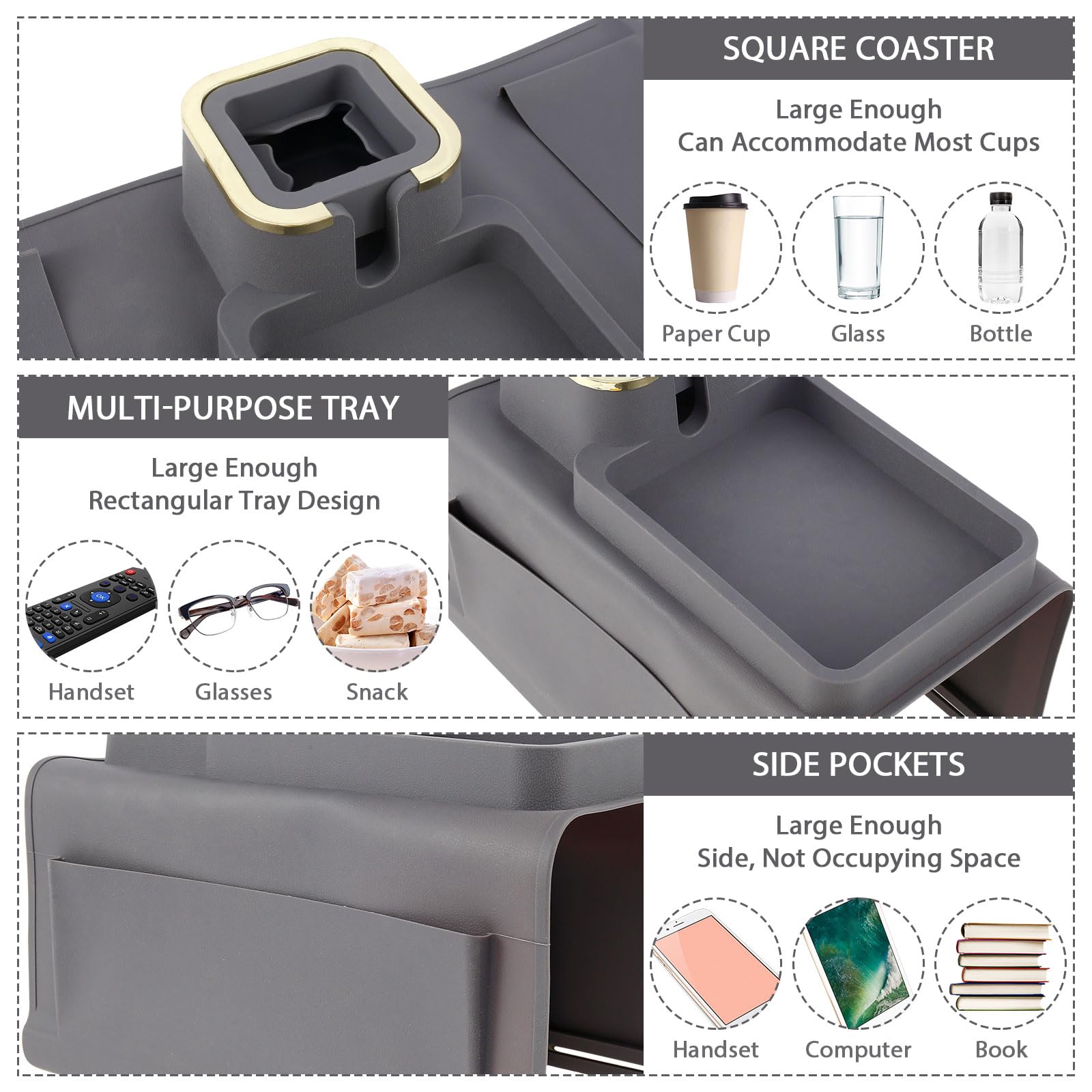 Bandeja para portavasos de sofá, bandeja antideslizante para reposabrazos de sofá, soporte multifuncional para sofá, bandeja para reposabrazos de sofá, bandeja gris con portavasos para vasos, gafas