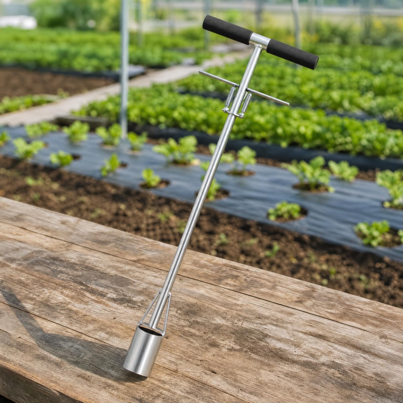 Trasplantador Manual Plántulas Acero Inoxidable Ergonómico Perforador s con Mango en T Portátil para Jardineros, Agricultores, Jardines, 7.5cm