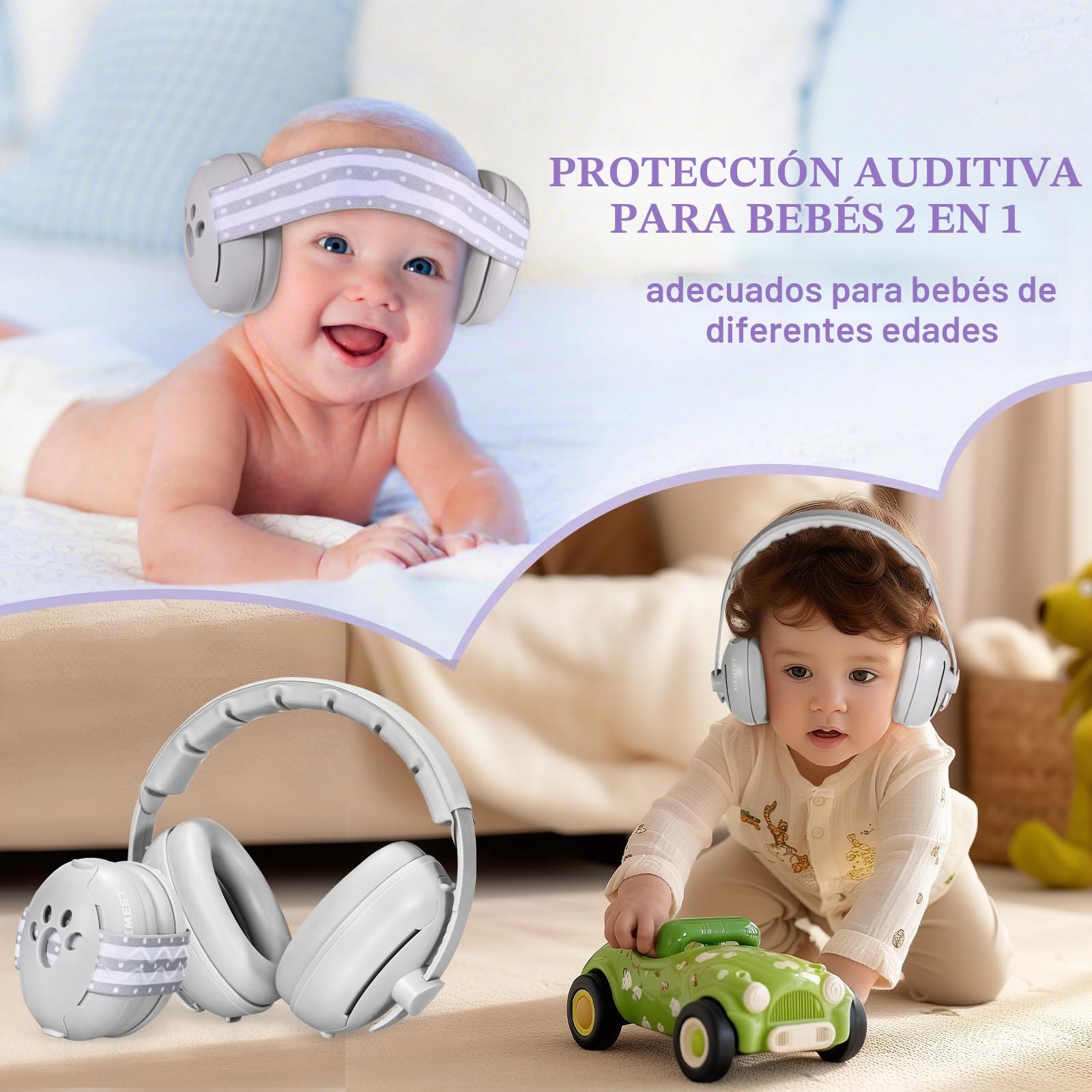 AIXMEET Orejeras 2 en 1 con reducción de ruido para bebés, defensores profesionales de protección auditiva para niños de 0 a 36 meses, reducen el daño auditivo y mejoran el sueño (Grey) (2)