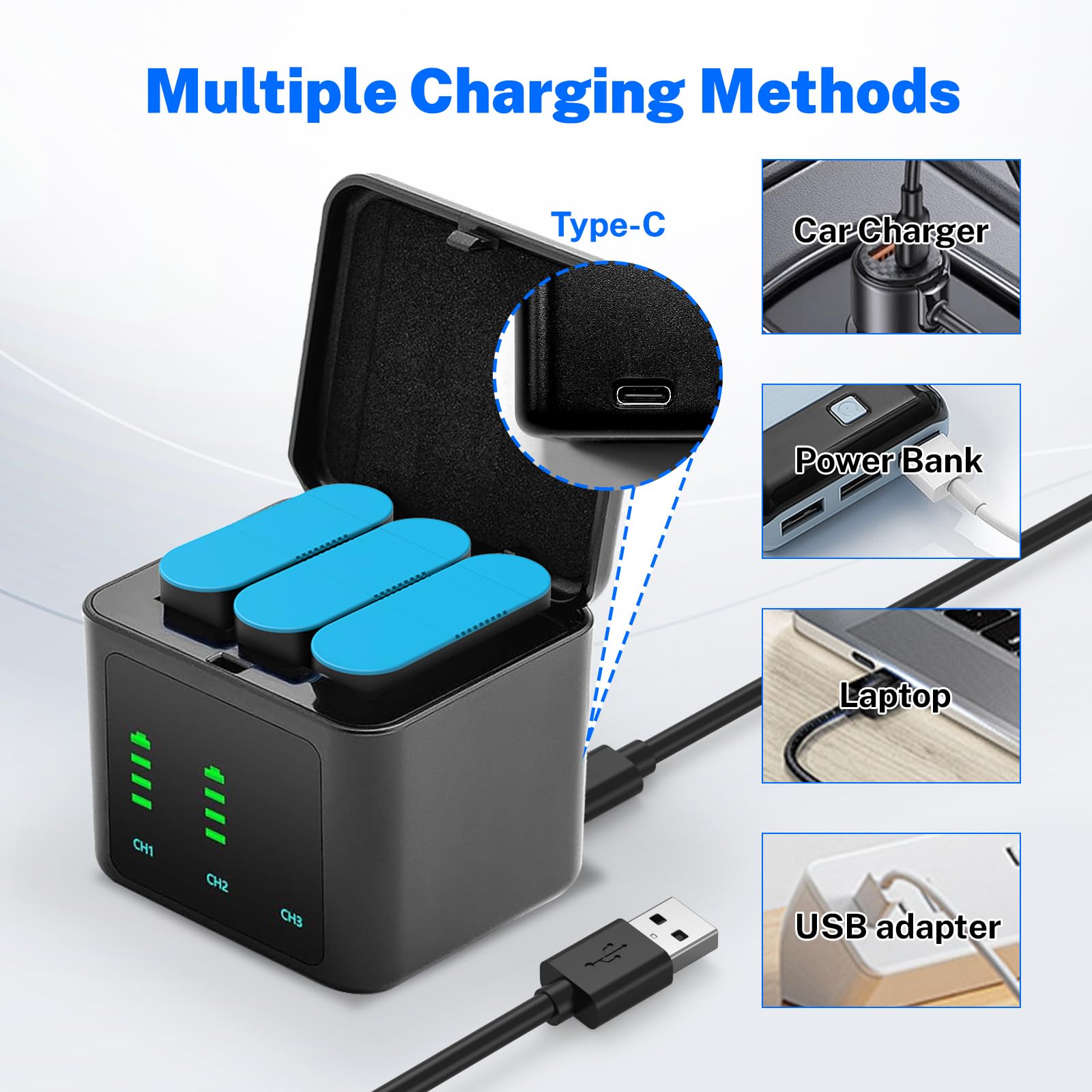3 Stück 2580mAh Ersatzakkus für Gopro Hero 12/11/ 10/9 mit 3-Kanal Typ-C Akku-Ladestation USB-C-Aufladen
