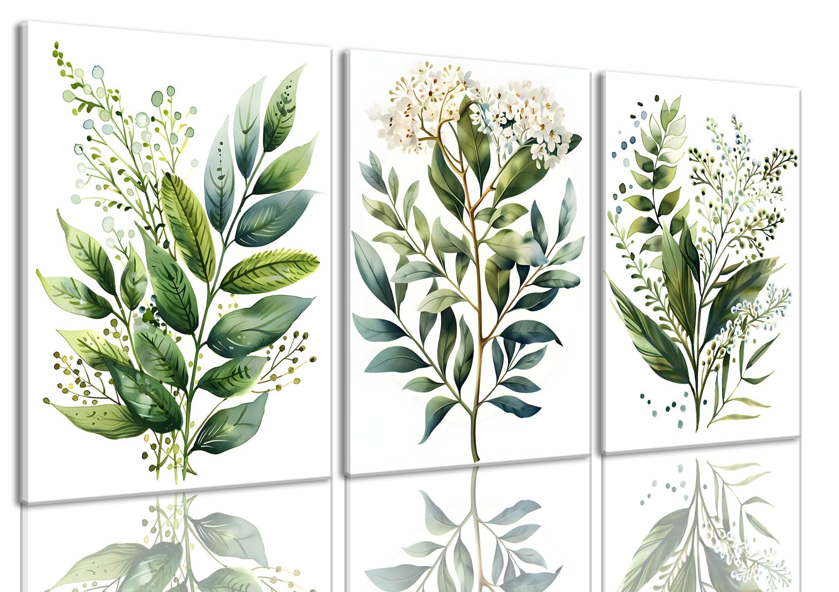 Bwodke Botanical Wall Art Plant Floral Watercolor Poster Canvas Prints Set of 3 Framed Sage Green Painting Eucalyptus Leaf Picture Modern Minimalist