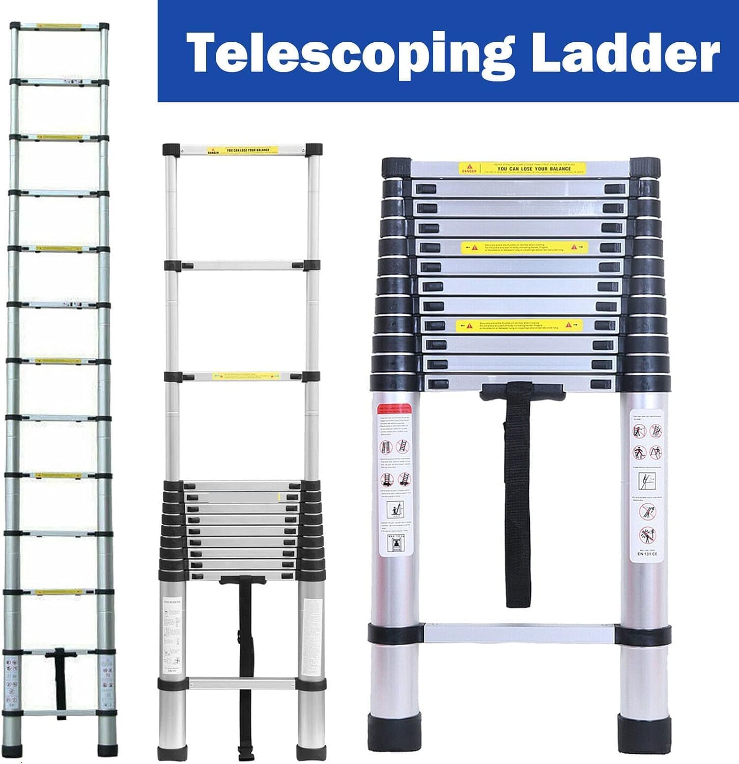 Telescoping Ladder,12.5FT Telescoping Ladder Aluminum Step Ladder Portable Extension Folding Ladder,Adjustable Height,Space Saving,330lbs Load Capacity,Multi-Purpose Ladder for Home