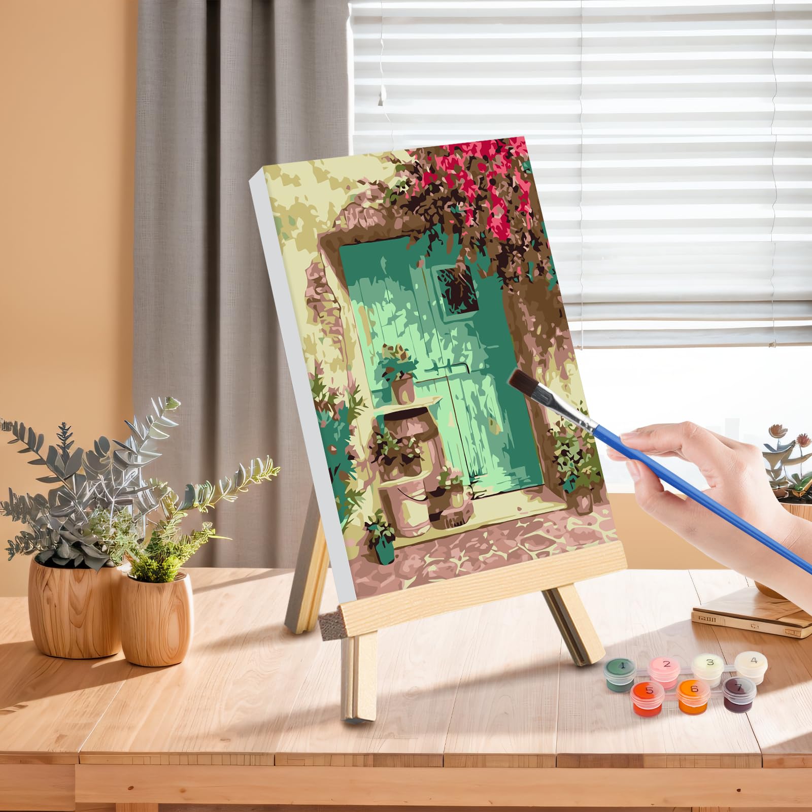GHHKUD Pintar por Numeros Adultos, Pack 4 Kit de Pintura por Números, con Pinceles, Pigmento Acrílico, Pintura de Dibujo DIY, Paisajes Paint by Numbers Kits 20X30CM, Flower Town