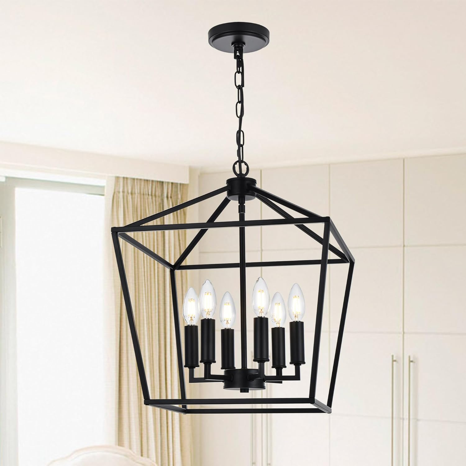 MELUCEE 6-Light Black Farmhouse Chandelier 16 Inches Cage Hanging Lights Rustic Lantern Pendant Lighting for Kitchen Island Dining Room Foyer Hallway, E12 Base Black 6-Light