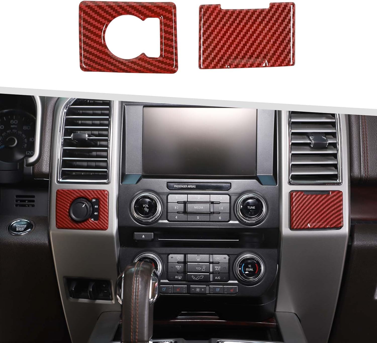 Jimen Fit for Ford F150 2015-2020, 2PCS 4WD Four Wheel Drive Switch Frame & Center Console Power Outlet Cover Trim (Red Carbon Fiber)