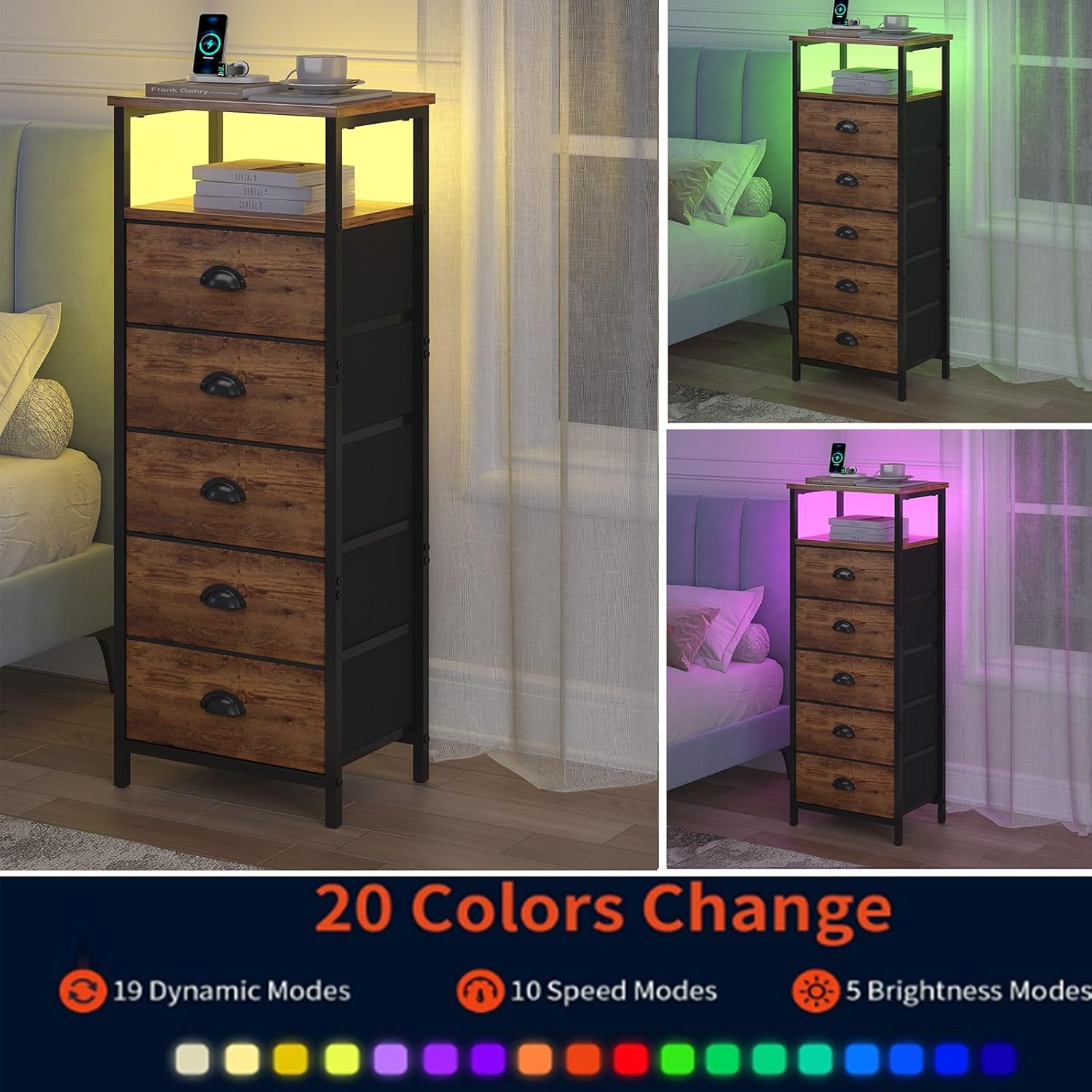 Nightstand with Charging Station,LED Night Stand with 5 Fabric Drawers, Bedside End Tables, 2-Tier Open Storage Shelf Side Table Nightstands with Drawers for Bedroom,Rustic Brown - Image 6