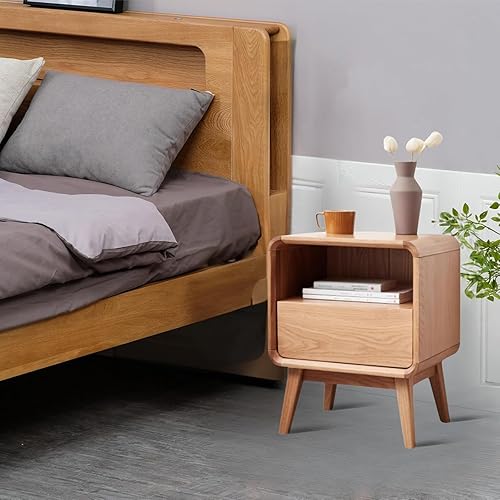 Miniatura 2 de Bamskov Mesita de noche 100% madera de roble maciza con cajón doble, práctica mesita de noche moderna de mediados de siglo para dormitorio,