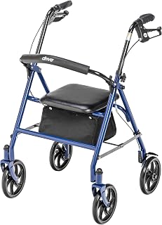 Drive Medical Rollator Walker with Seat, Adjustable Height, Steel Frame, 7.5" Wheels, 350 lbs Capacity - Blue