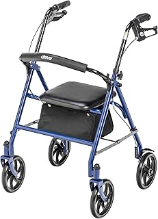 Drive Medical Rollator Walker with Seat - Stable Mobility Support - Height Adjustable - Durable Steel Frame Construction - Smooth 7.5" Wheels - Foldable Frame - 350 Lb Limit - Blue