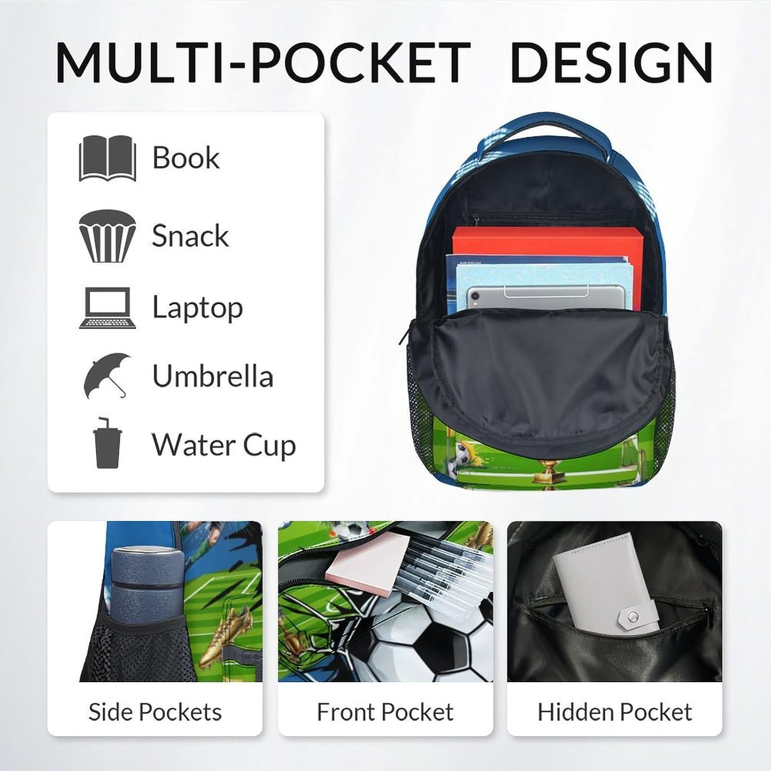 Kids Backpack for Boys Soccer School Bag - 17 Inch Durable Elementary Middle School Sports Themed Bookbag with Adjustable Padded Straps