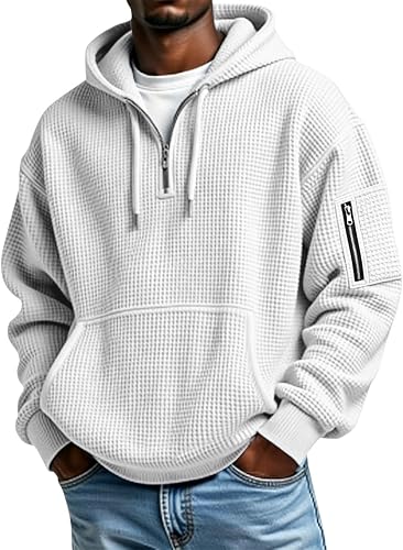 Men's Quarter Zip Waffle Knit Hoodie Long Sleeve Pullover Sweatshirt