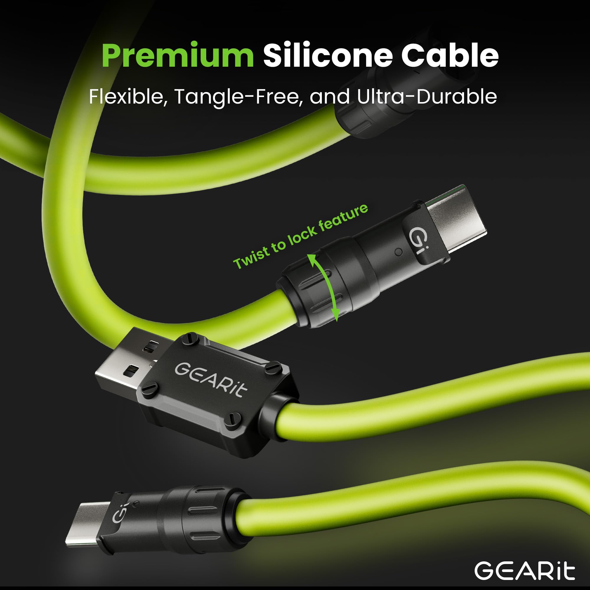 GEARit Câble de charge 4 en 1 100 W en silicone USB-C à charge rapide avec connecteurs USB-A et Lightning - Cordon de charge universel multi-appareils compatible avec iPhone, MacBook Pro, 1,8 m, vert