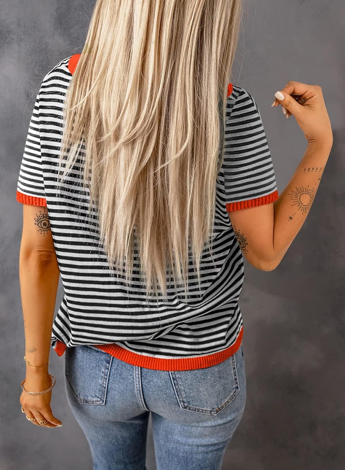 Womens Summer Fall Short Sleeve Sweaters Striped Lightweight Cotton Sweater Crew Neck Color Block Pullover Tops - Image 4