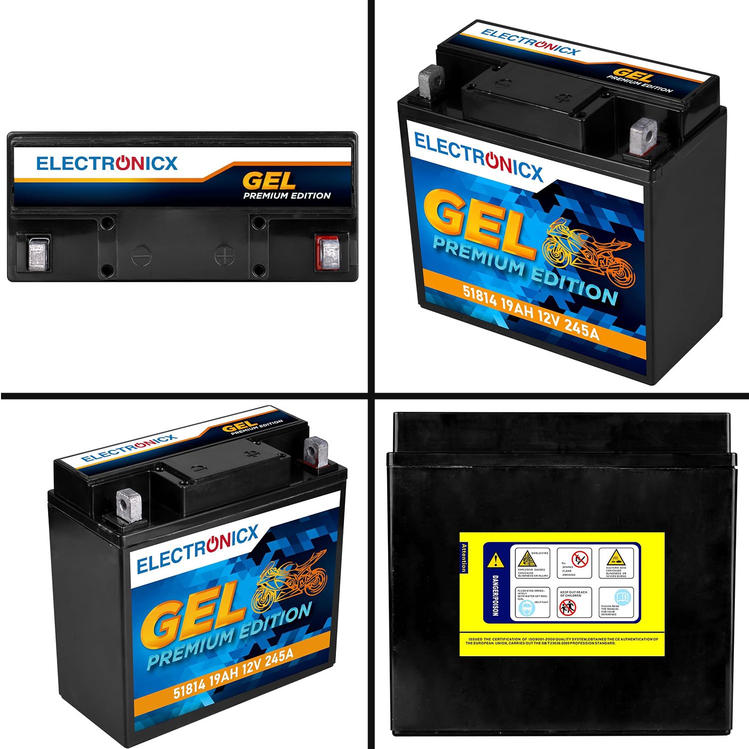 Electronicx GEL-51814 Batterie moto 12V 19Ah 245A – puissante, sans entretien, scellée et étanche, technologie gel, haute performance pour moto, scooter, quad, ATV, motoneige