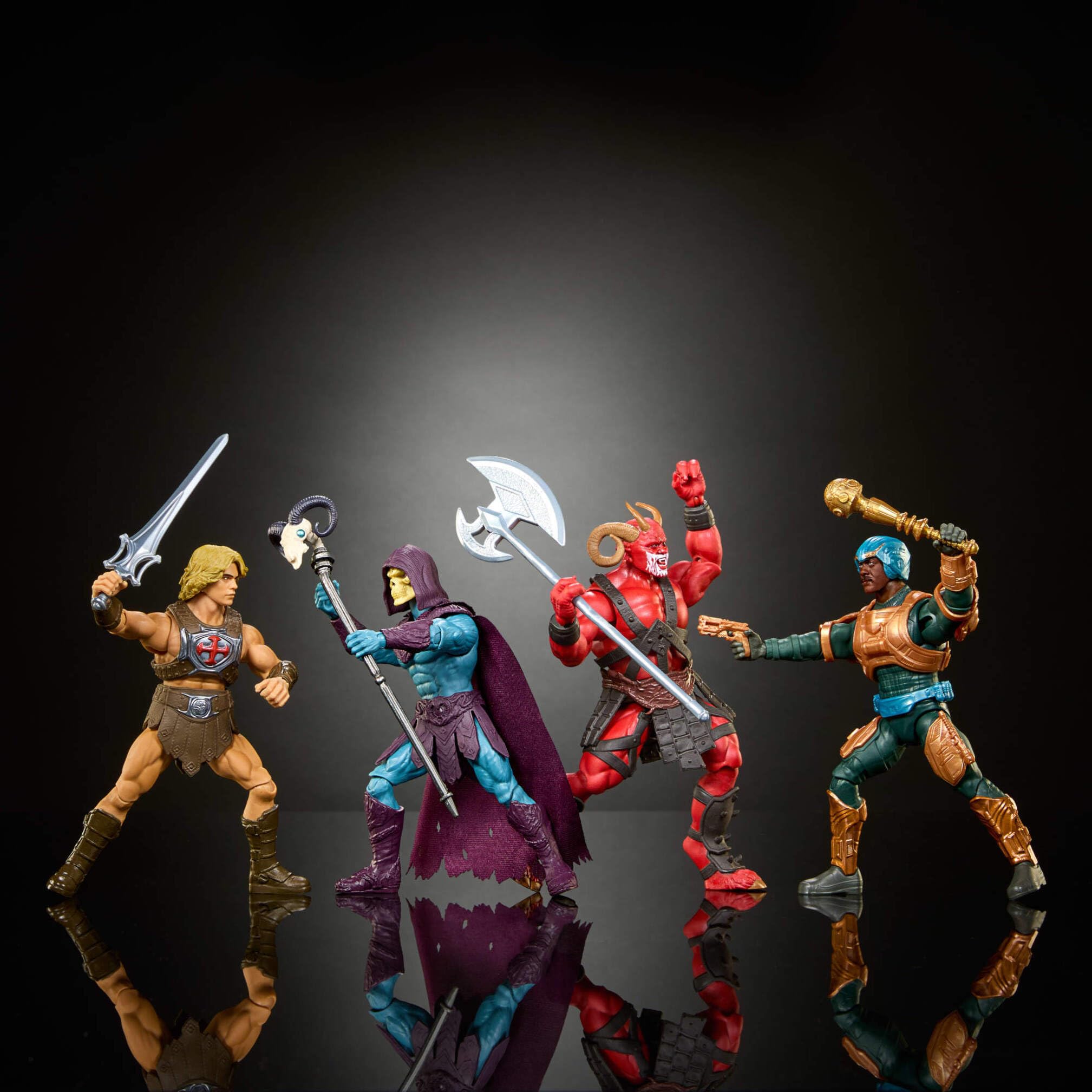 Masters of The Universe Pack de 4 Figuras de acción de 13,97 cm con diseño Fiel al de la película de Motu de 2026, Figura Exclusiva, 14 Puntos de articulación, Galitzine, Elba, Björnsson, JKJ33