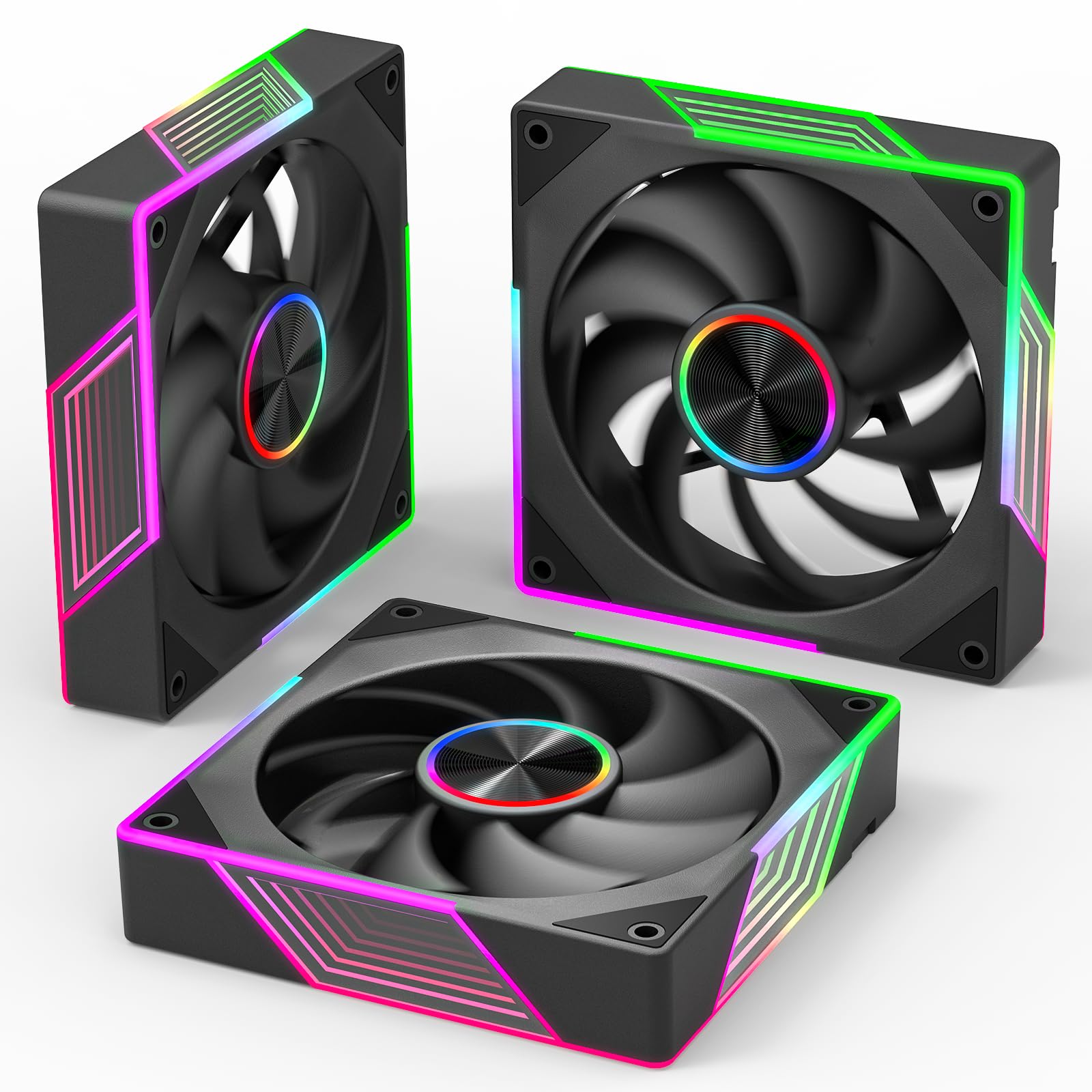 ARGB - Ventola di raffreddamento silenziosa per case del computer, 120 mm, PWM a 4 pin, con specchio infinito, 1800 giri/min (M2-12A, confezione da 3, nero, 120 mm)