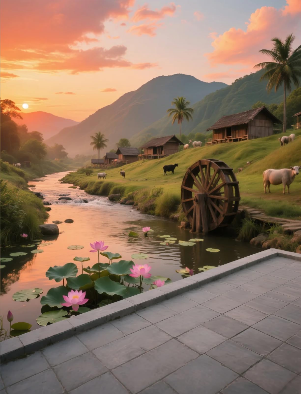 Stithej Pre-Printed Cross Stitch Kit Sunset Farm View 11CT for Beginners