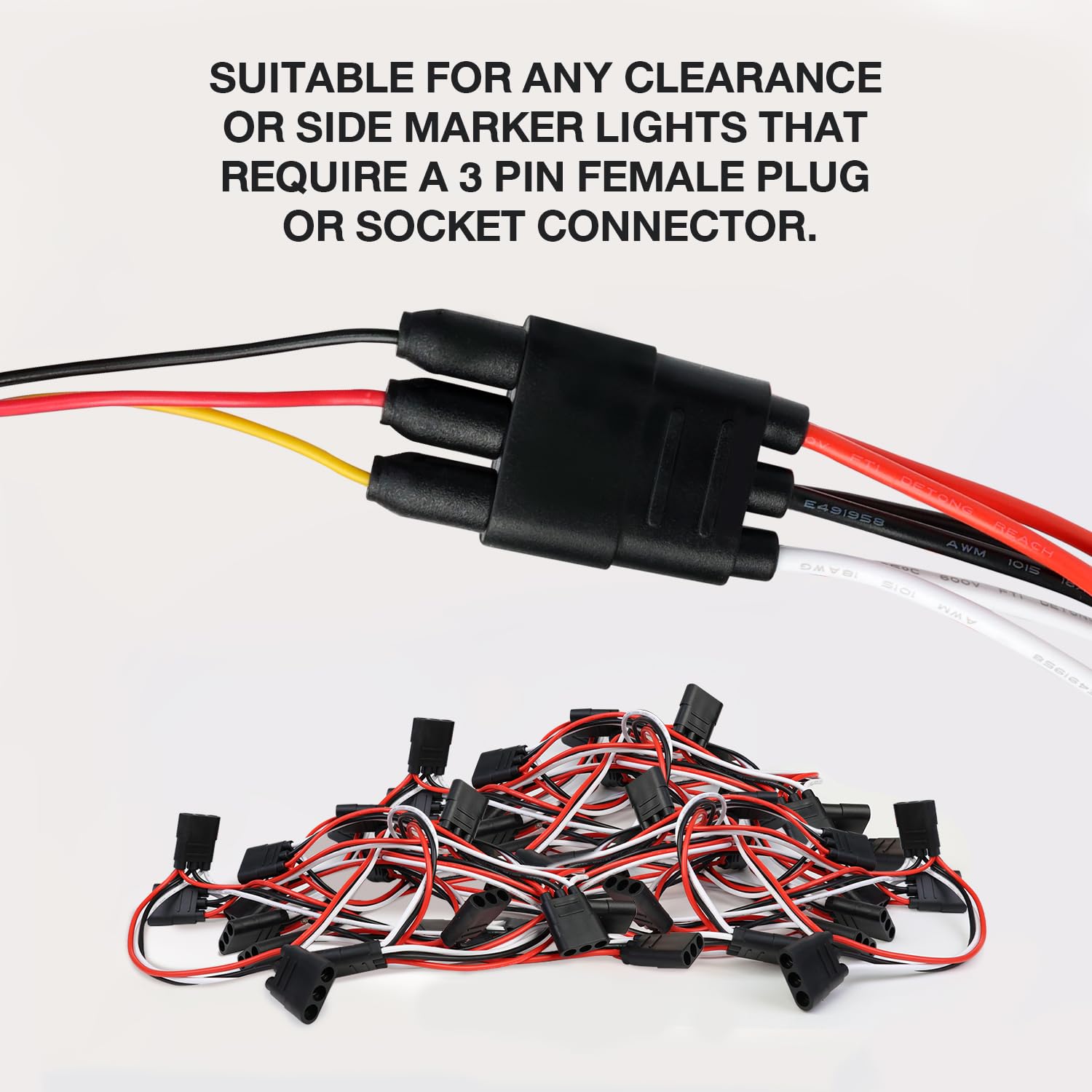 TMH 50 Count of “3-Prong Female” Wire Harness Roll 18 Gauge - 12" Spacing Extra Long, Triple Female Bullet Plug for LED Marker Clearance Lights Quick Hassle-Free Installation