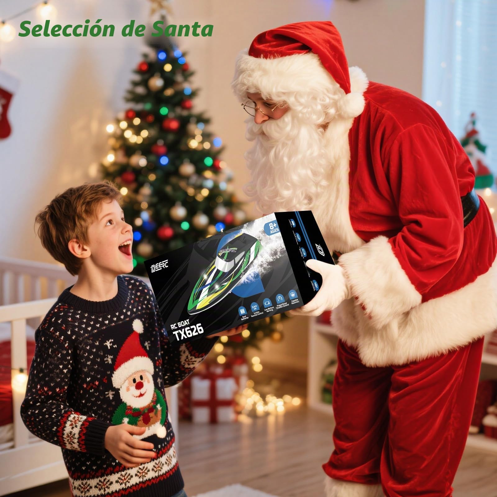 DEERC - Barco teledirigido de alta velocidad con luces LED, barco de carreras RC rápido autorectificador, 2 baterías para más de 24 minutos de autonomía, mando a distancia de 2,4 GHz, juguete para