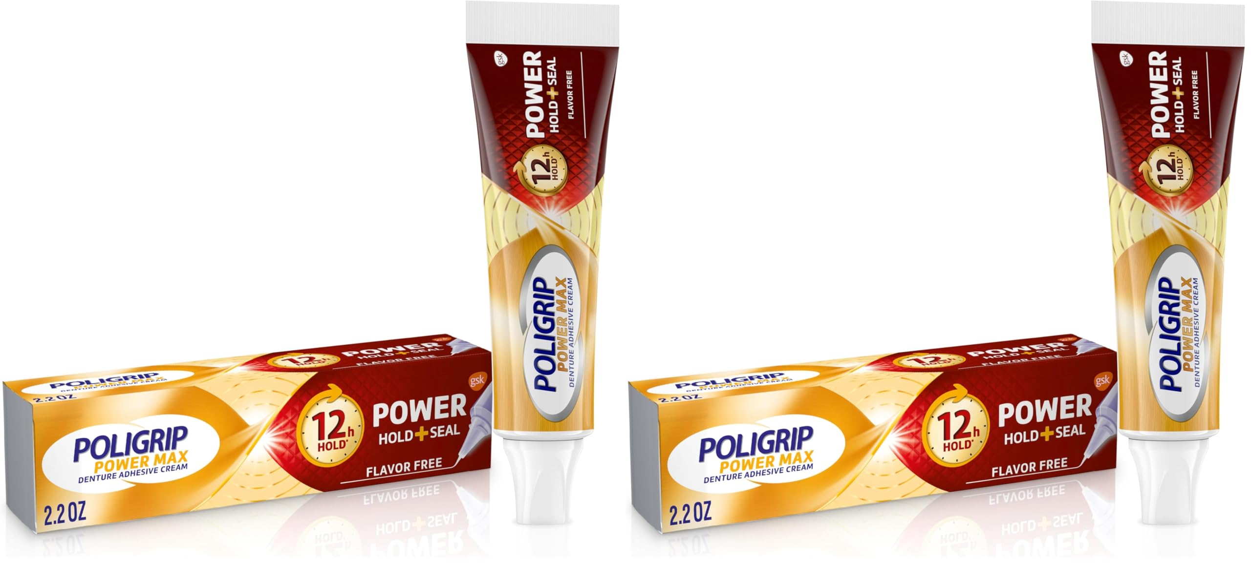Super Poligrip Denture Adhesive Cream, Pack of 2 | Power Max | Power Hold | Food Seal | 2.2 oz | Flavor Free