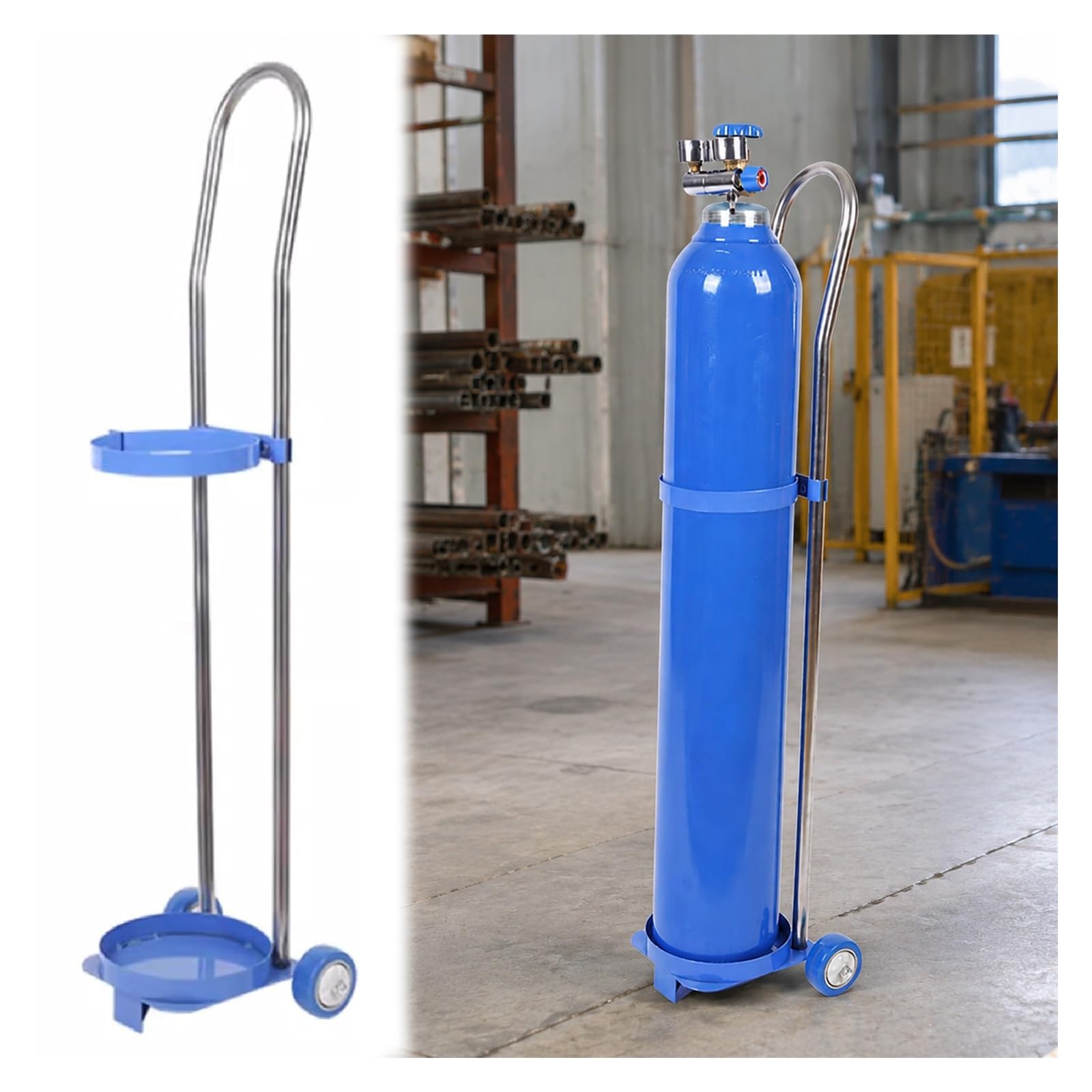 Mzzkfc One Color Mobile Gas Cylinder Organizer，31.5 37.4 43.3In Stainless Steel Gas Cylinder Fixed Rack 10 15 20L, Cylinder Trolley Easy Push & Pull，For Factories/Labs(15L(95Cm/37.4 In))