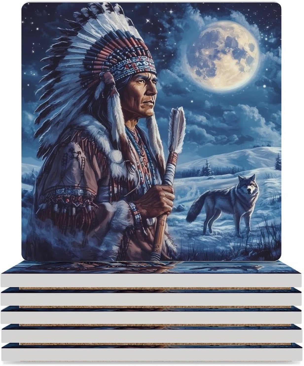 Native USA Indian Moon Wolf Ceramic Coasters Square Drinks Coaster Coffee Table Decor Table Coaster for Home Bar