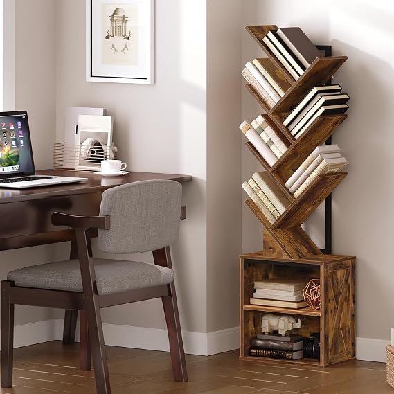 RALGEND Bookcase Tree Shape Standing Shelf 9 Levels CD DVD Shelf Metal Frame Corner Shelf Space Saving Book Tower Freestanding for Living Room Bedroom Office Bookroom Vintage Brown