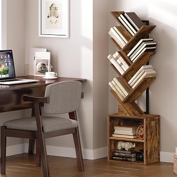 RALGEND Bookcase Tree Shape Standing Shelf 9 Levels CD DVD Shelf Metal Frame Corner Shelf Space Saving Book Tower Freestanding for Living Room Bedroom Office Bookroom Vintage Brown