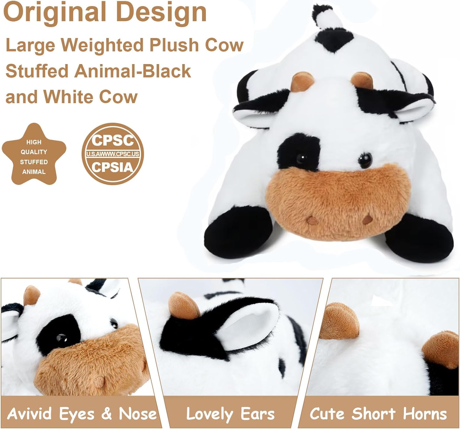 Ecolley Weighted Stuffed Animals for Adults Kids Girls Cow Plush Pillowfort Cuddle Toys Giant Plushies Stuffed Cow Christmas Birthday Gift (20" 3.5 lbs)