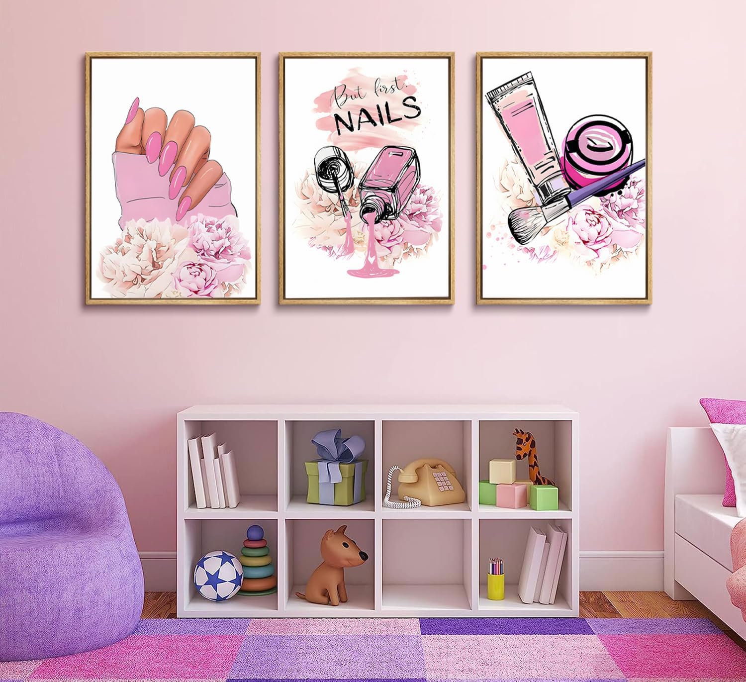 3Pcs Pink Fashion Women Nail Wall Art Nail Salon Teen Girls Bedroom Posters Print Makeup Brushes Liquid Foundation Pictures Decor For Bedroom Bathroom Dorm Decoration UnFramed